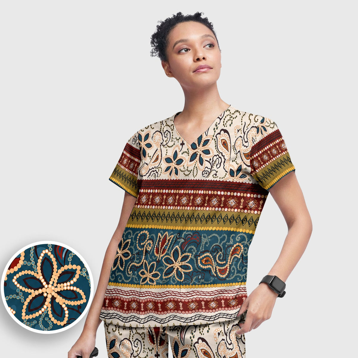 Boho Paisley Floral Stripe Nurse Scrub Set