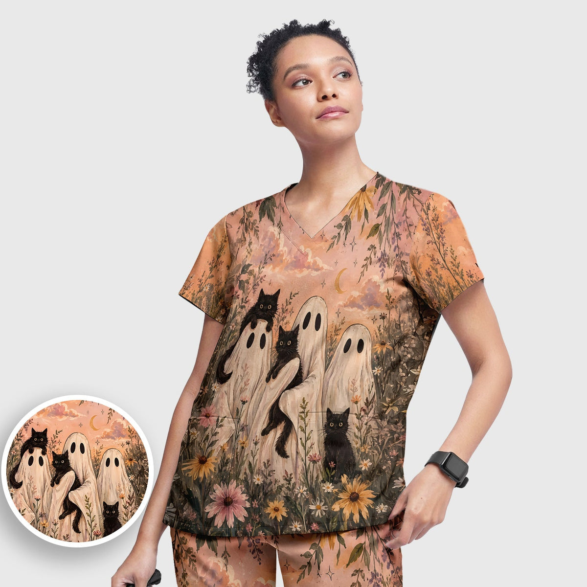 Ghosts Black Cats Nurse Scrub Set - Halloween Gift