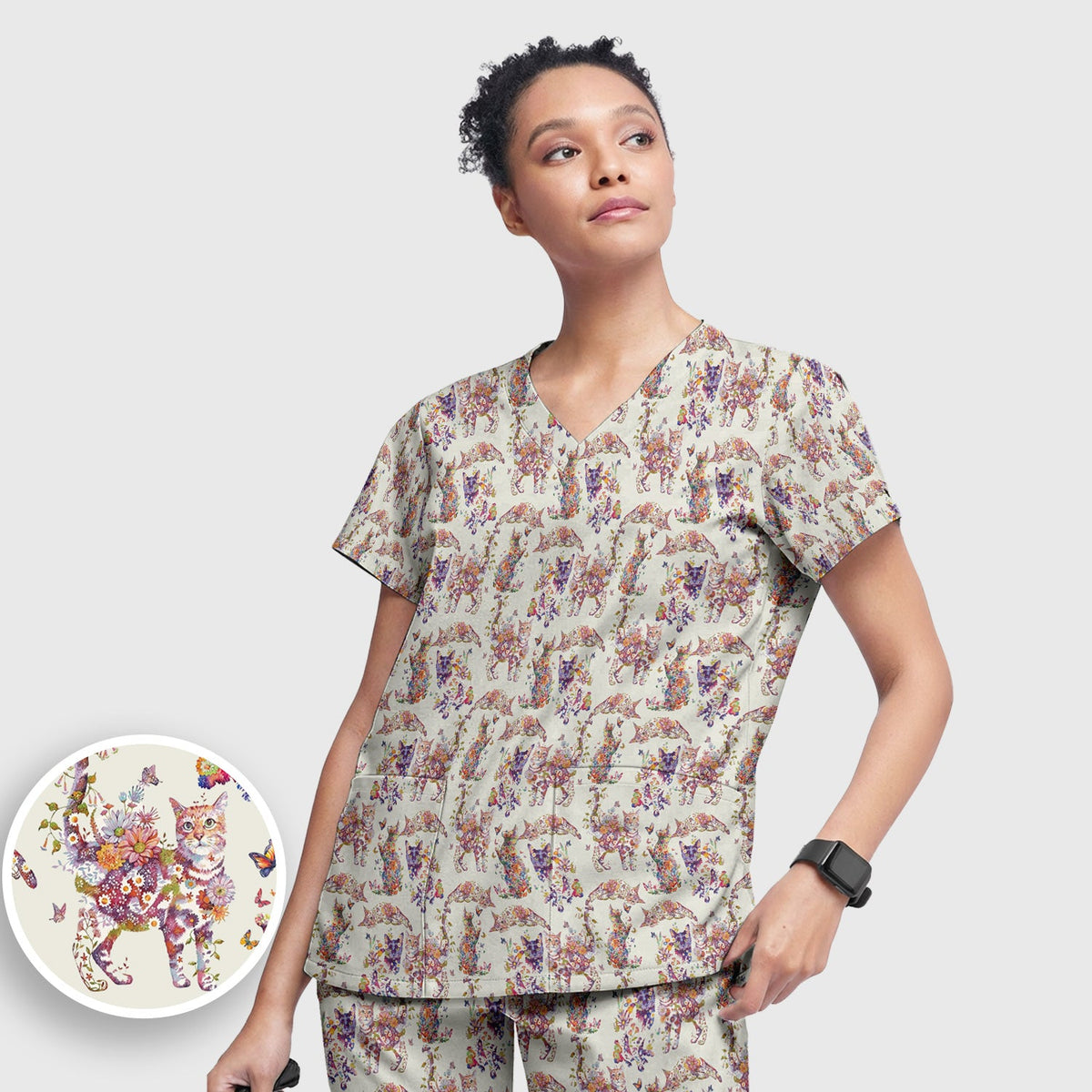 Whimsical Floral Cat Garden Nurse Scrub Set