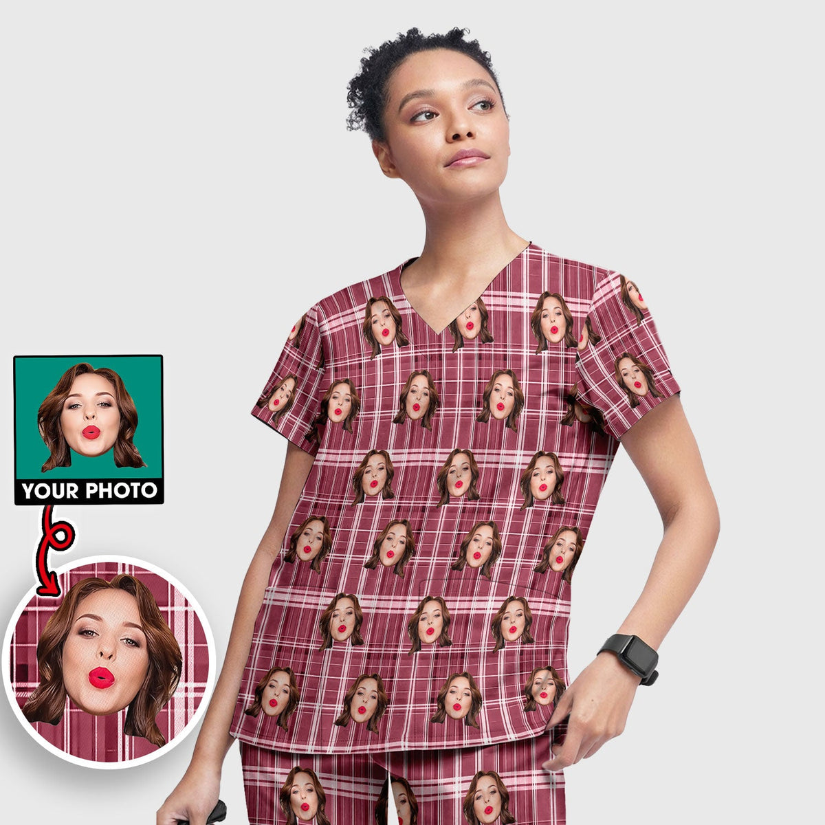 Personalized Photo Plaid Nurse Scrub Set