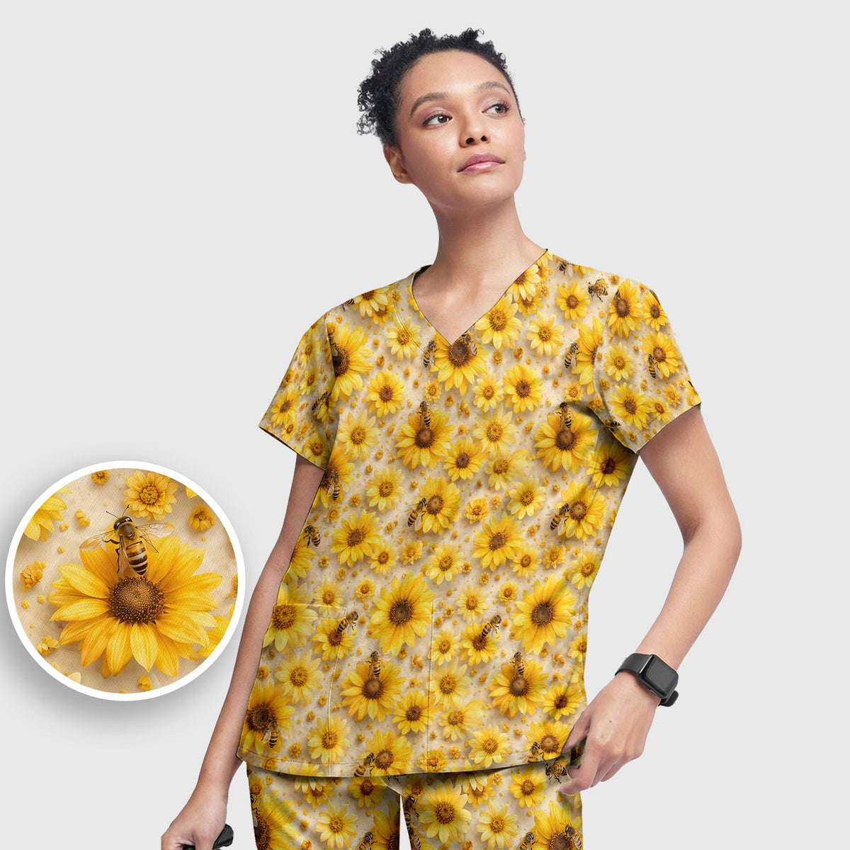 Yellow Sunflower Bee Garden Nurse Scrub Set