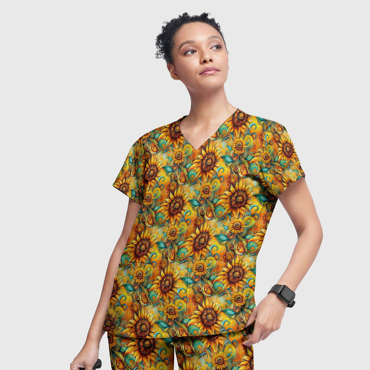 Sunflower Swirl Floral Nurse Scrub Set