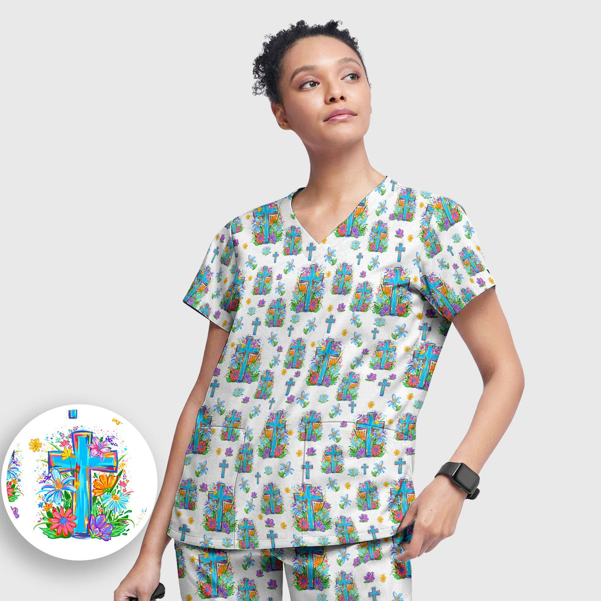 Christian Floral Cross Spring Nurse Scrub Set