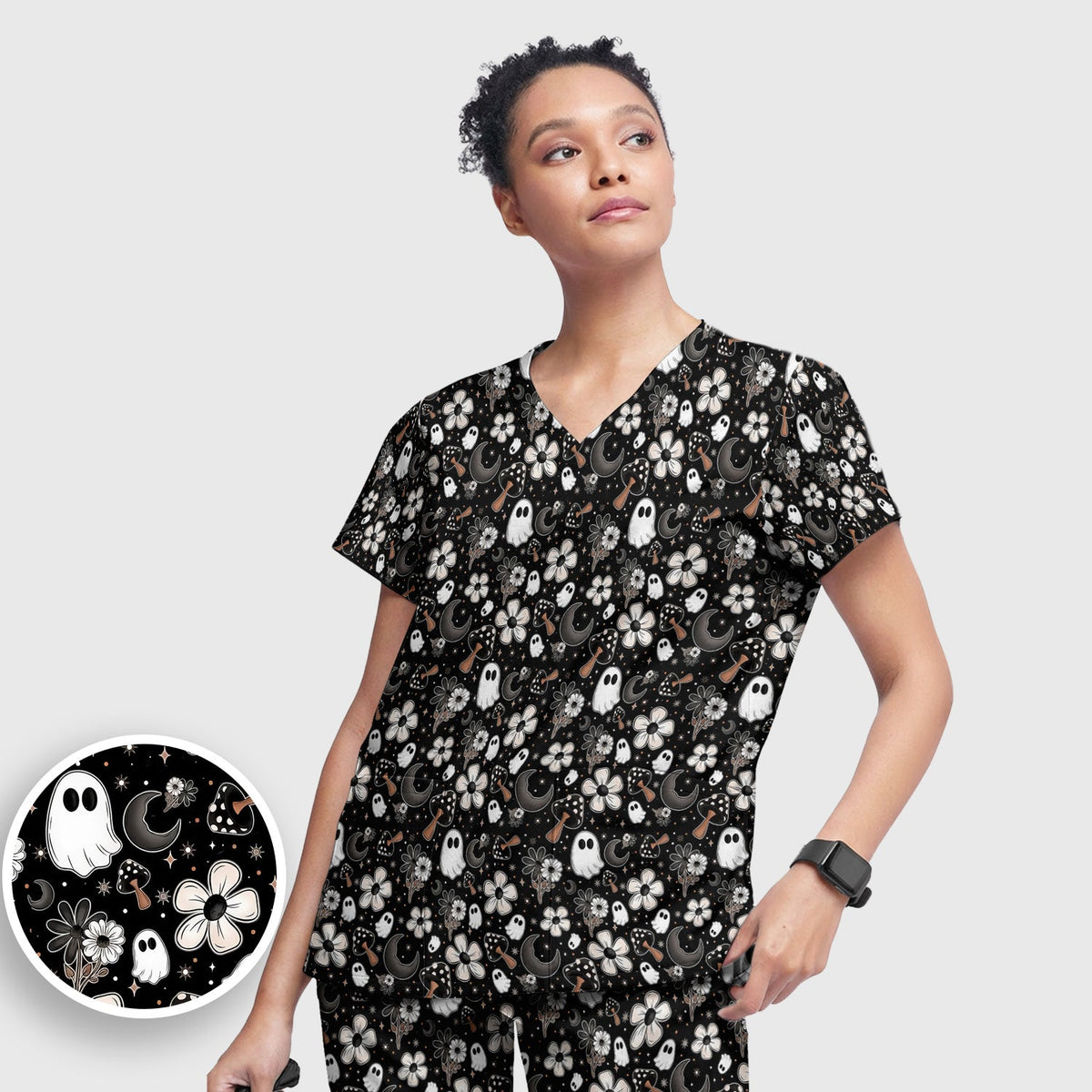 Floral Mushroom Ghost Nurse Scrub Set