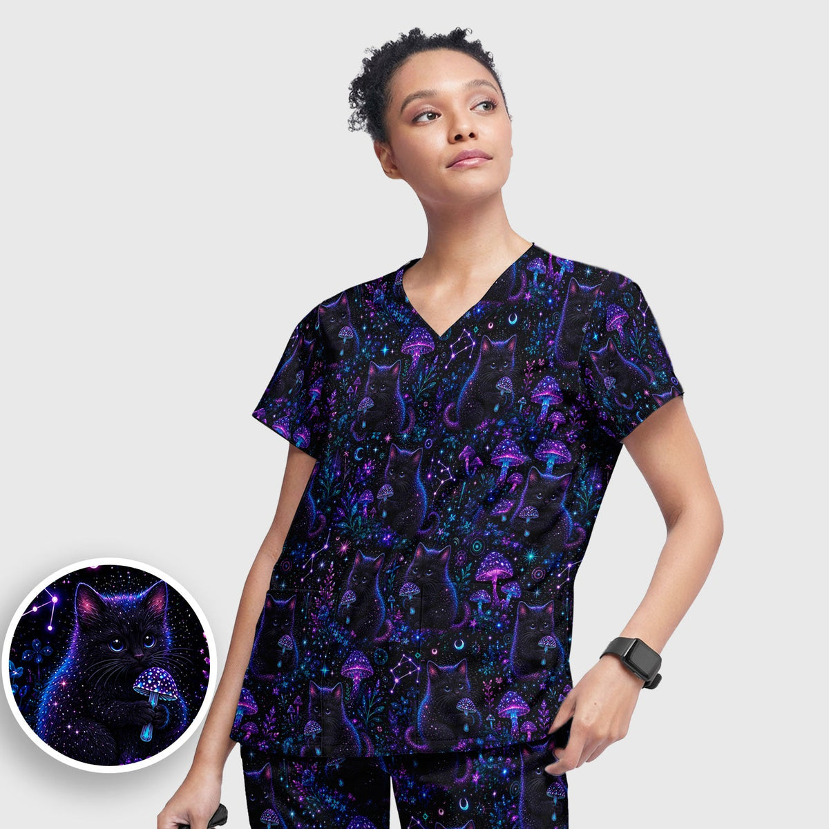 Neon Black Cat Mushroom Galaxy Nurse Scrub Set