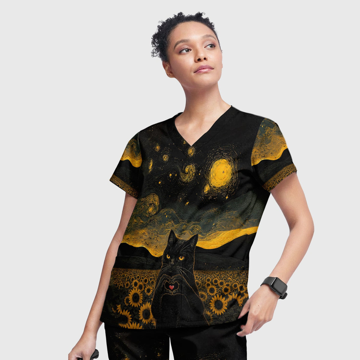 Cute Black Cat Sunflower Night Nurse Scrub Set