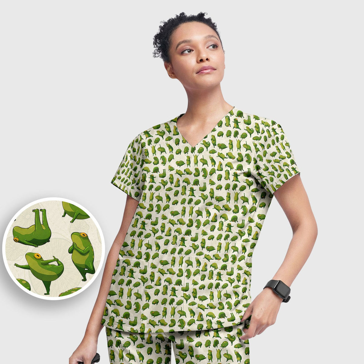 Cute Frog Cartoon Pattern Scrub Set, Breathable Med Uniform