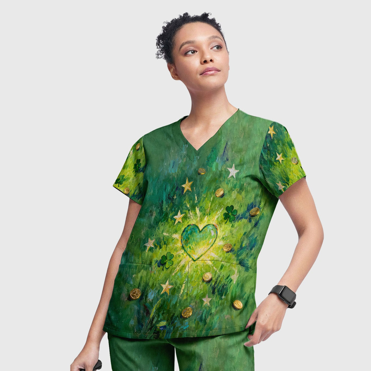 St Patrick Lucky Shamrock Heart Nurse Scrub Set