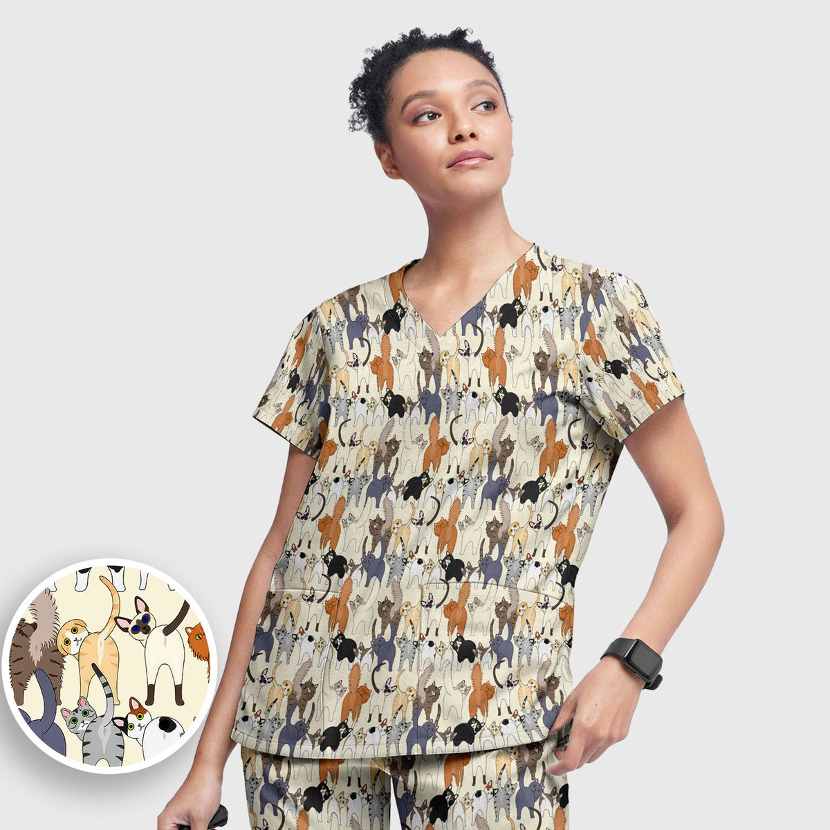 Whimsical Multicolor Cat Cartoon Nurse Scrub Set