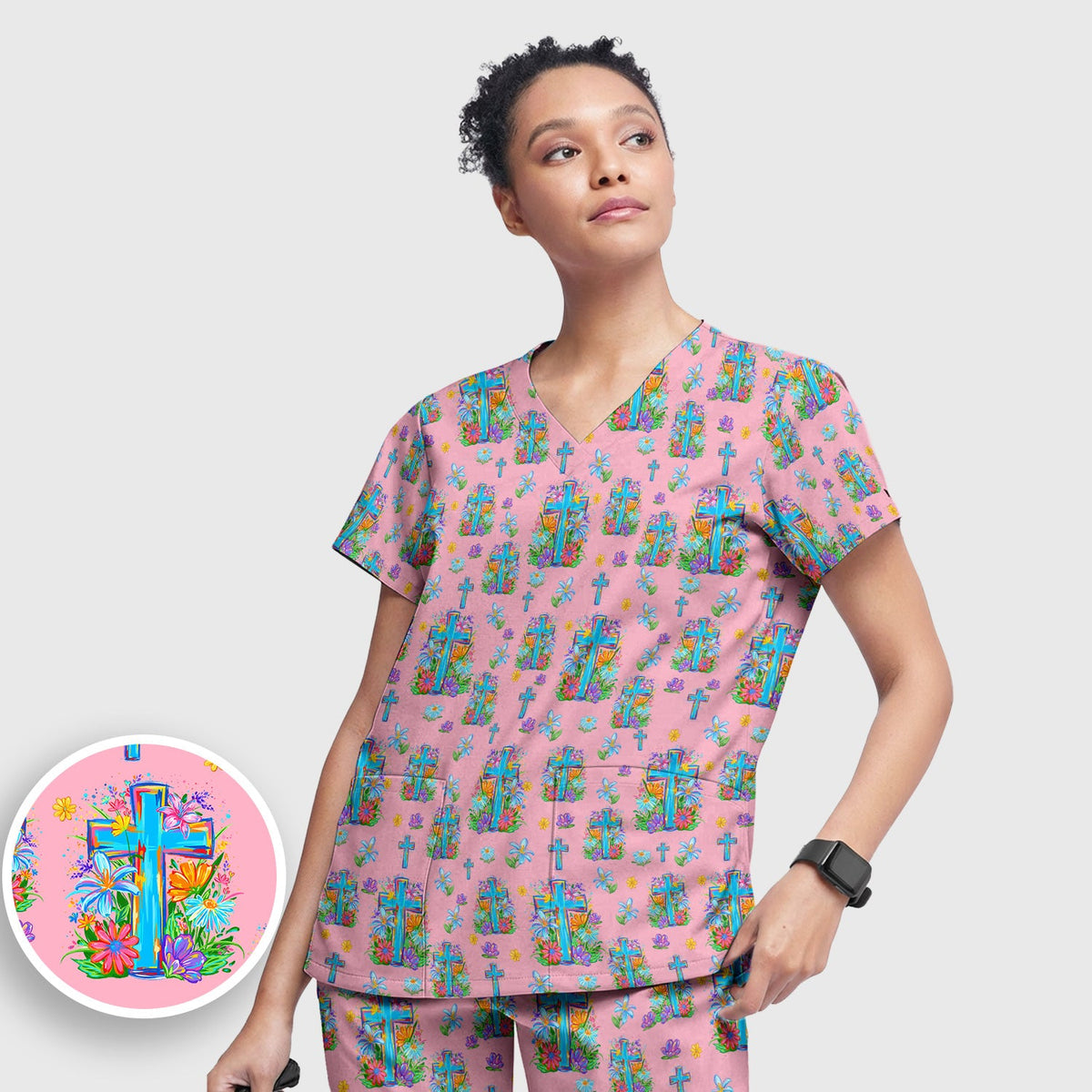 Christian Floral Cross Spring Nurse Scrub Set