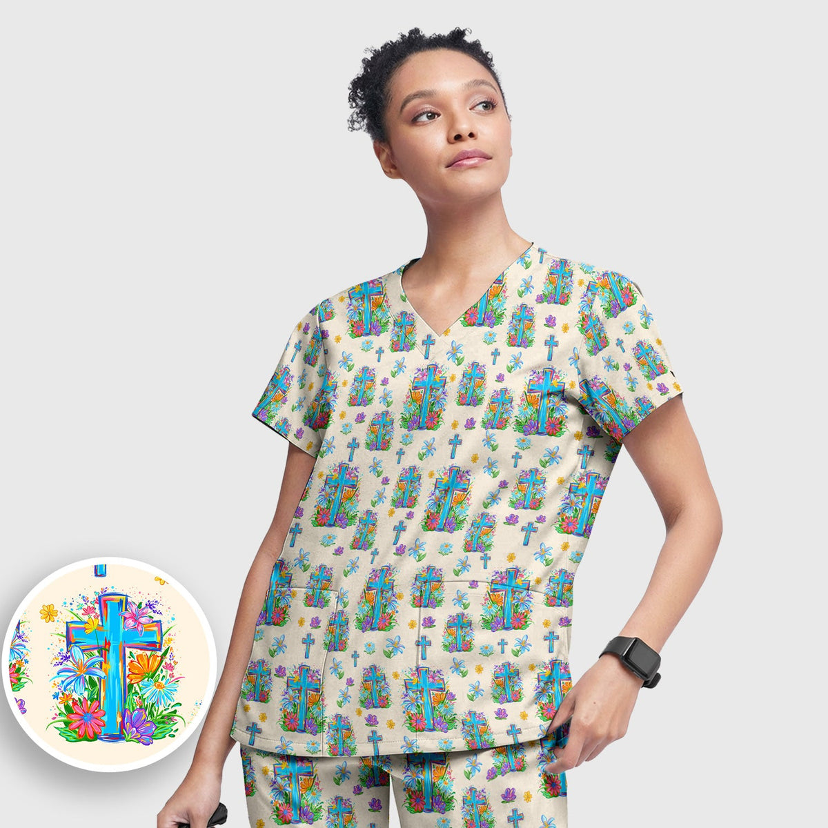Christian Floral Cross Spring Nurse Scrub Set