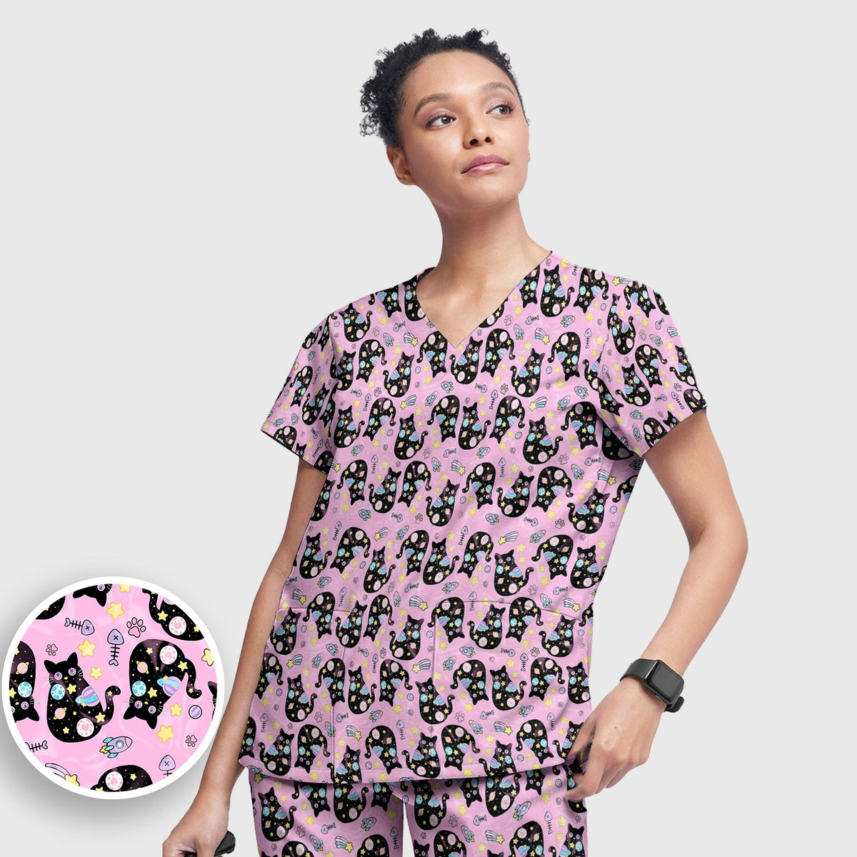 Black Cat Galaxy Space Nurse Scrub Top