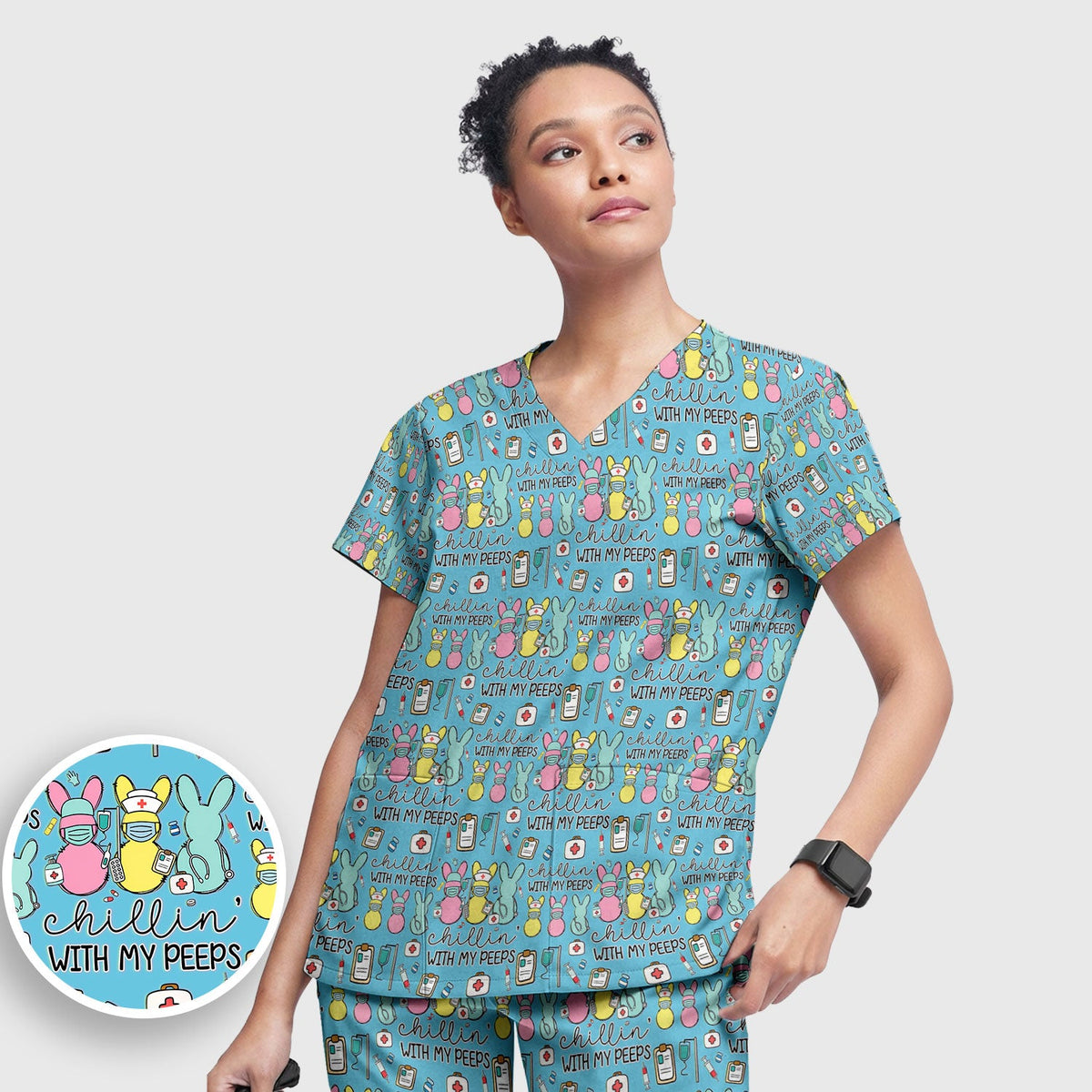 Bunny Nurse Chillin With My Peeps Scrub Set - Easter Gift