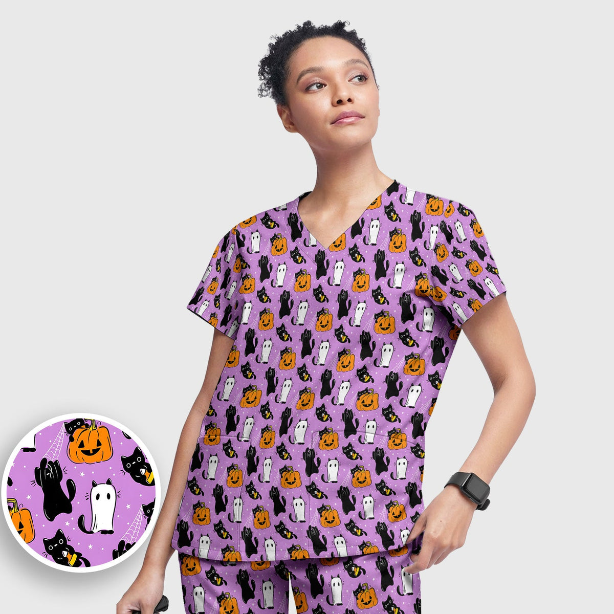 Purple Halloween Black Cat Nurse Scrub Set