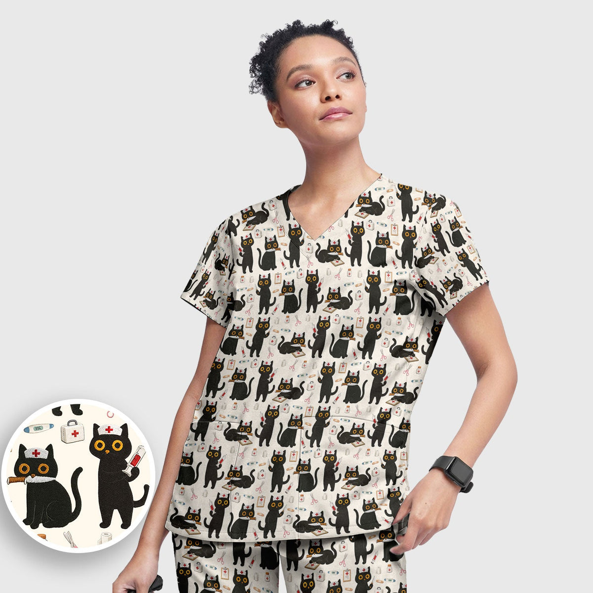 Cute Teal Black Cat Nurse Scrub Set