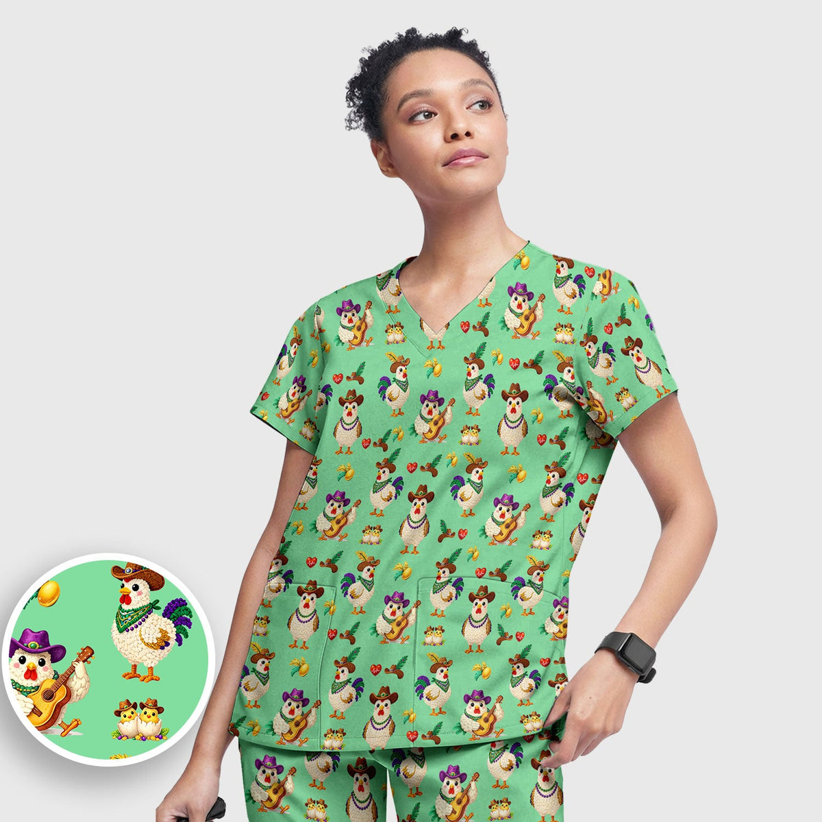 Mardi Gras Rooster Cowboy Nurse Scrub Set