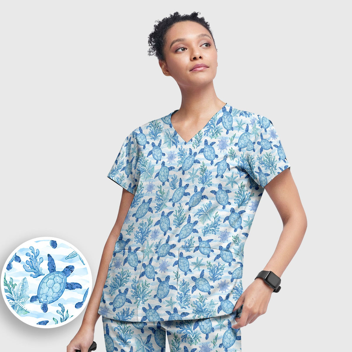 Coastal Sea Turtle Coral Nurse Scrub Set