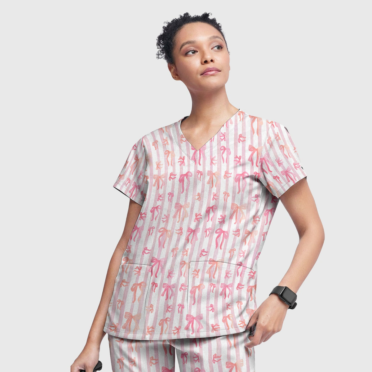 Pink Bow Stripe Nurse Scrub Set