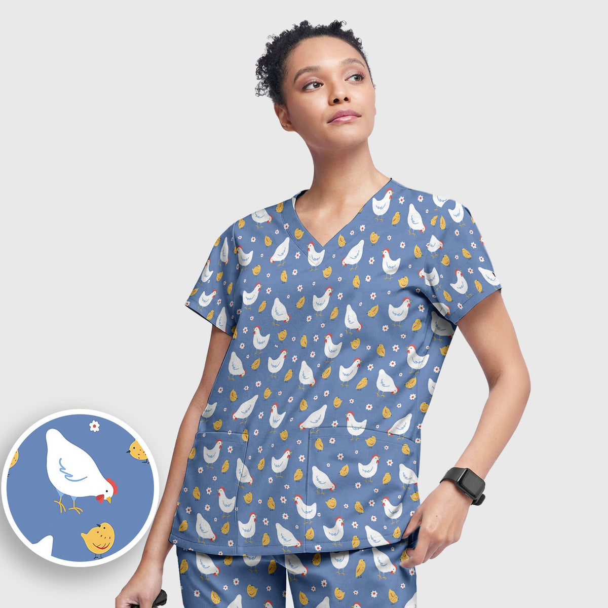 Chicken And Cute Chicks Nurse Scrub Set