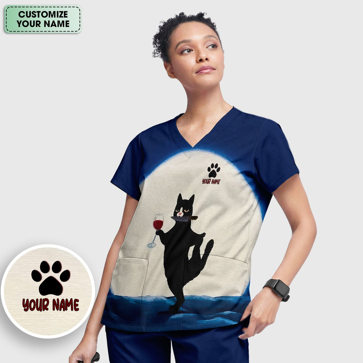 Personalized Cat Wine Glass Knife Nurse Scrub Set