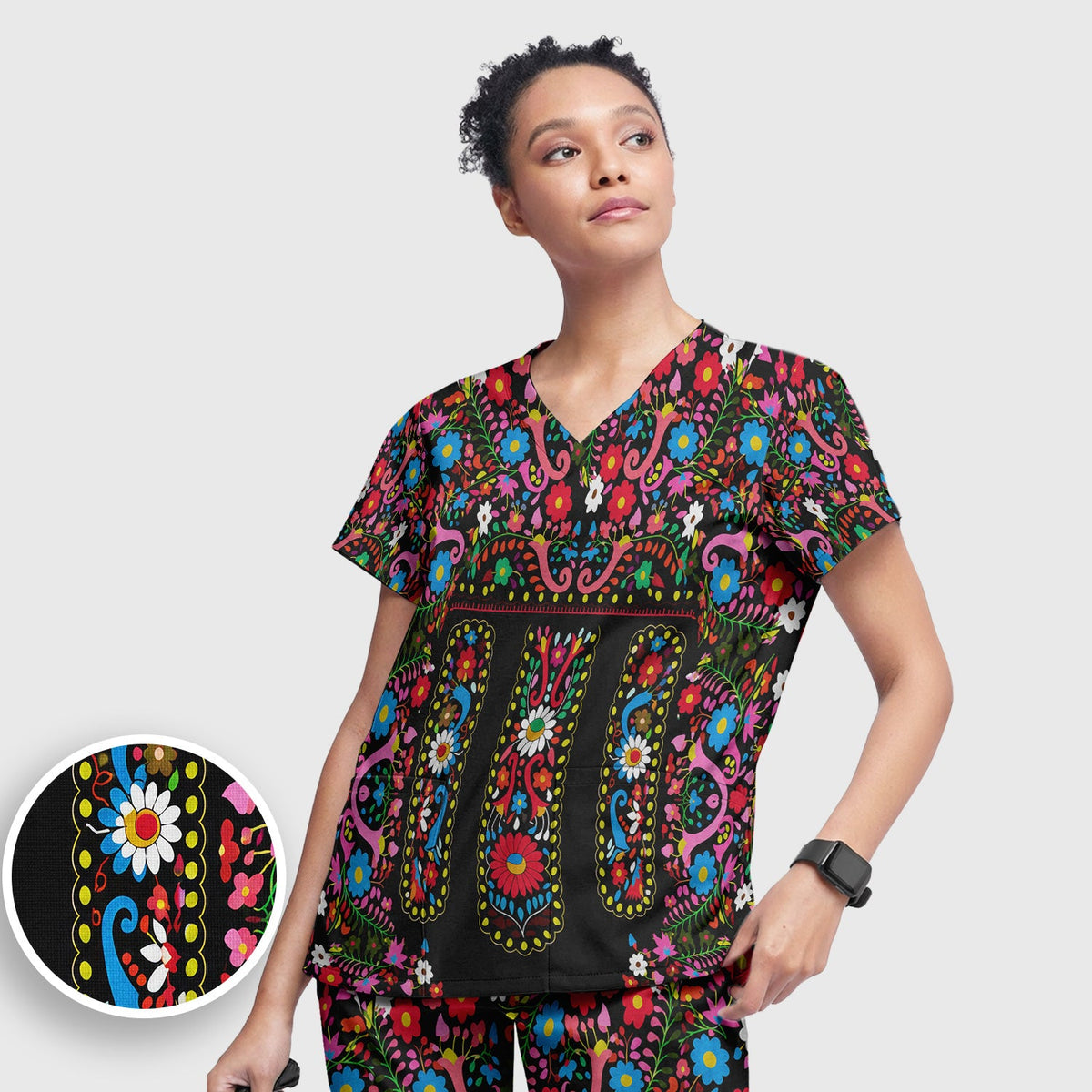 Colorful Folk Art Floral Nurse Scrub Set