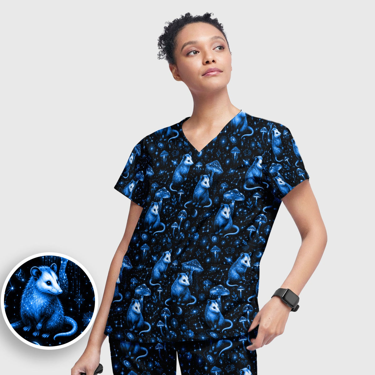 Celestial Blue Opossum Mushroom Nurse Scrub Set