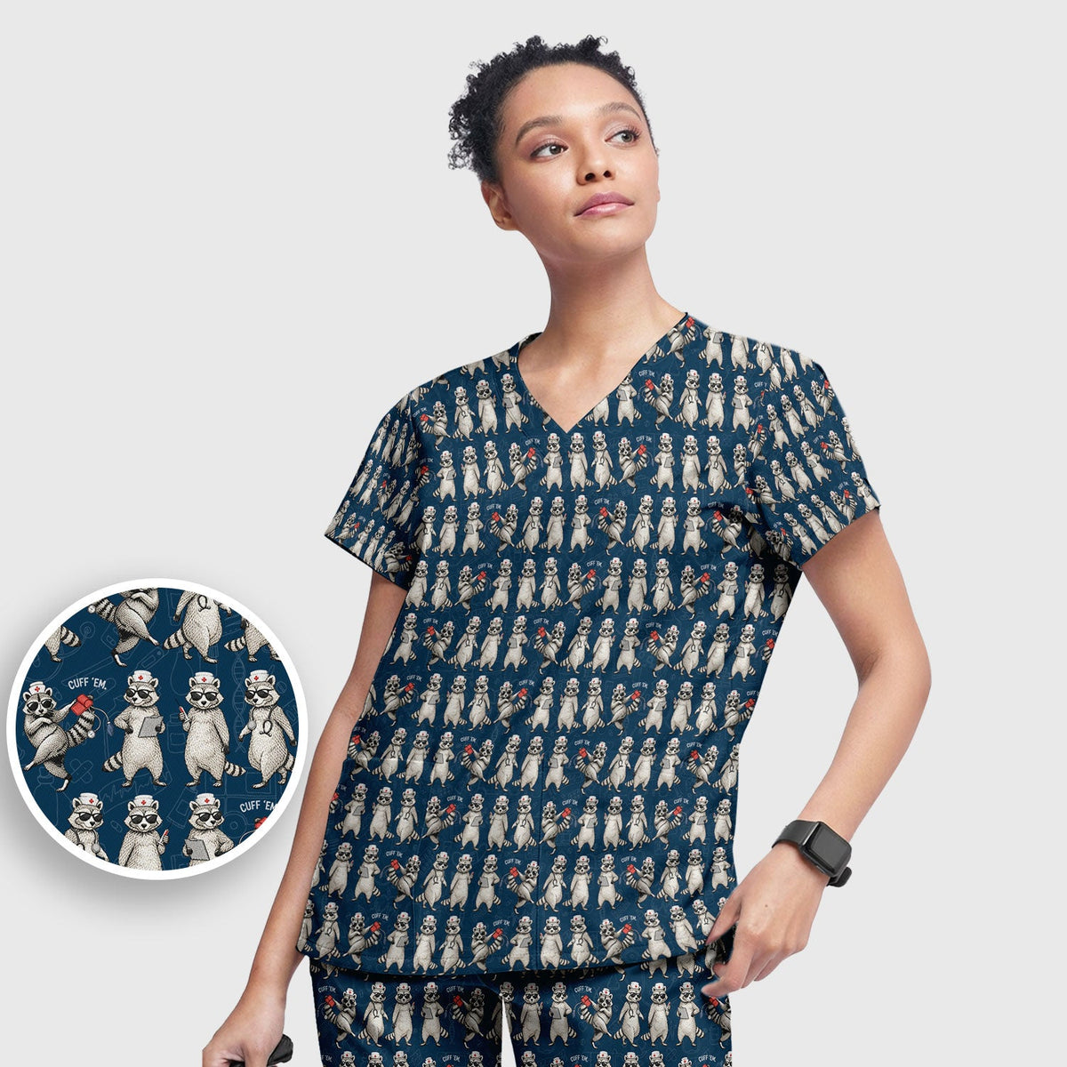 Raccoon Pattern Nurse Scrub Set