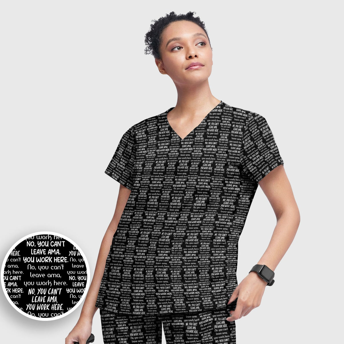 Funny Repeating Nurse Work Quote Text Pattern Scrub Set, Scrub Pants and V Neck Top