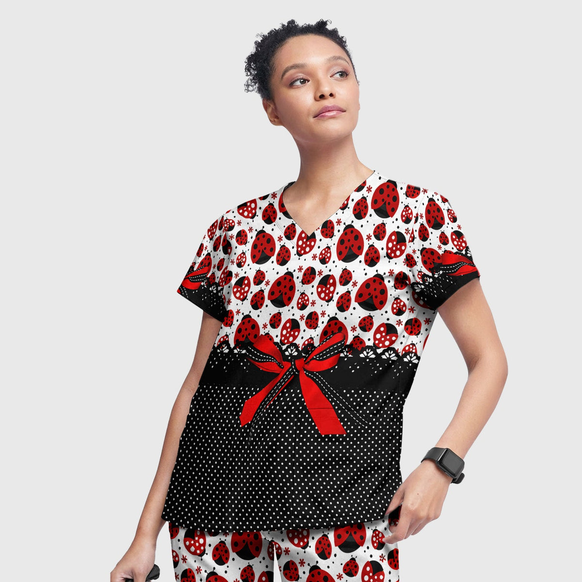 Ladybug Red Ribbon Polka Nurse Scrub Set