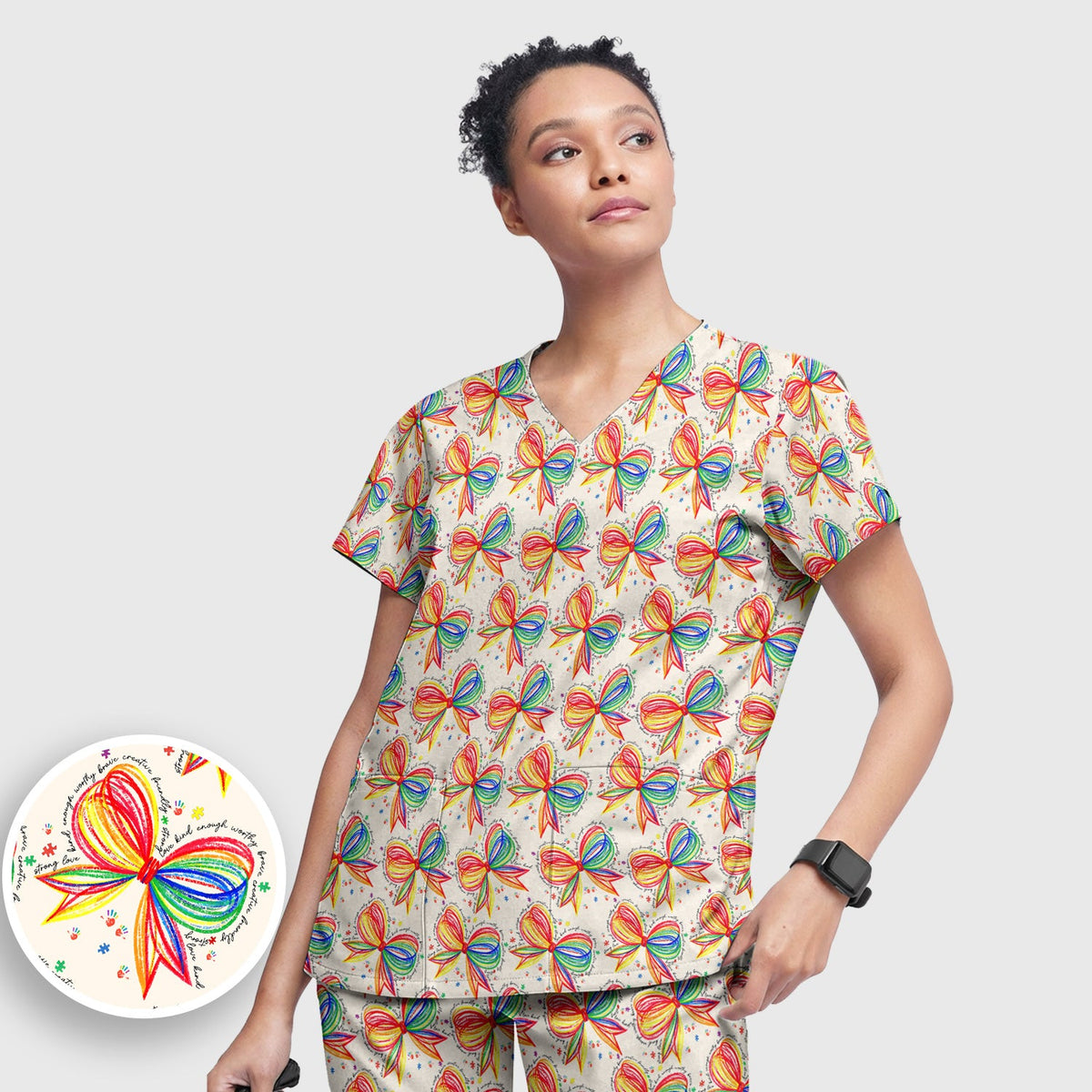 Colorful Rainbow Bow Nurse Scrub Set