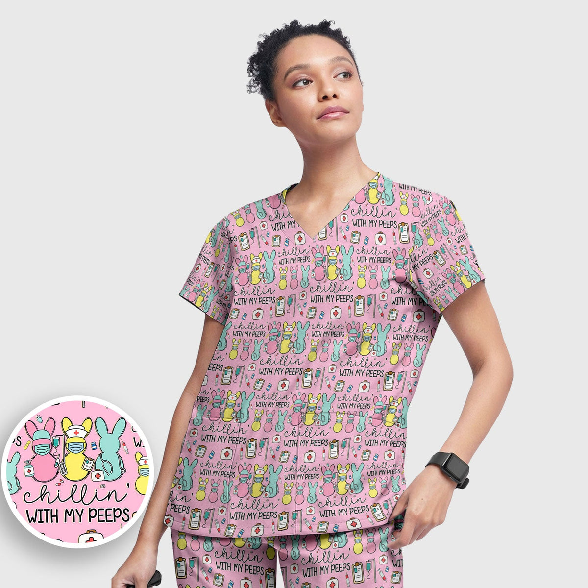 Bunny Nurse Chillin With My Peeps Scrub Set - Easter Gift