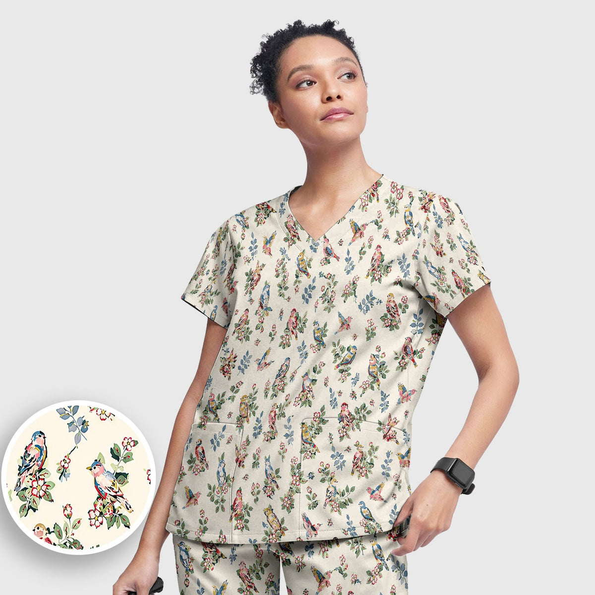 Vintage Birds Blossom Nurse Scrub Set