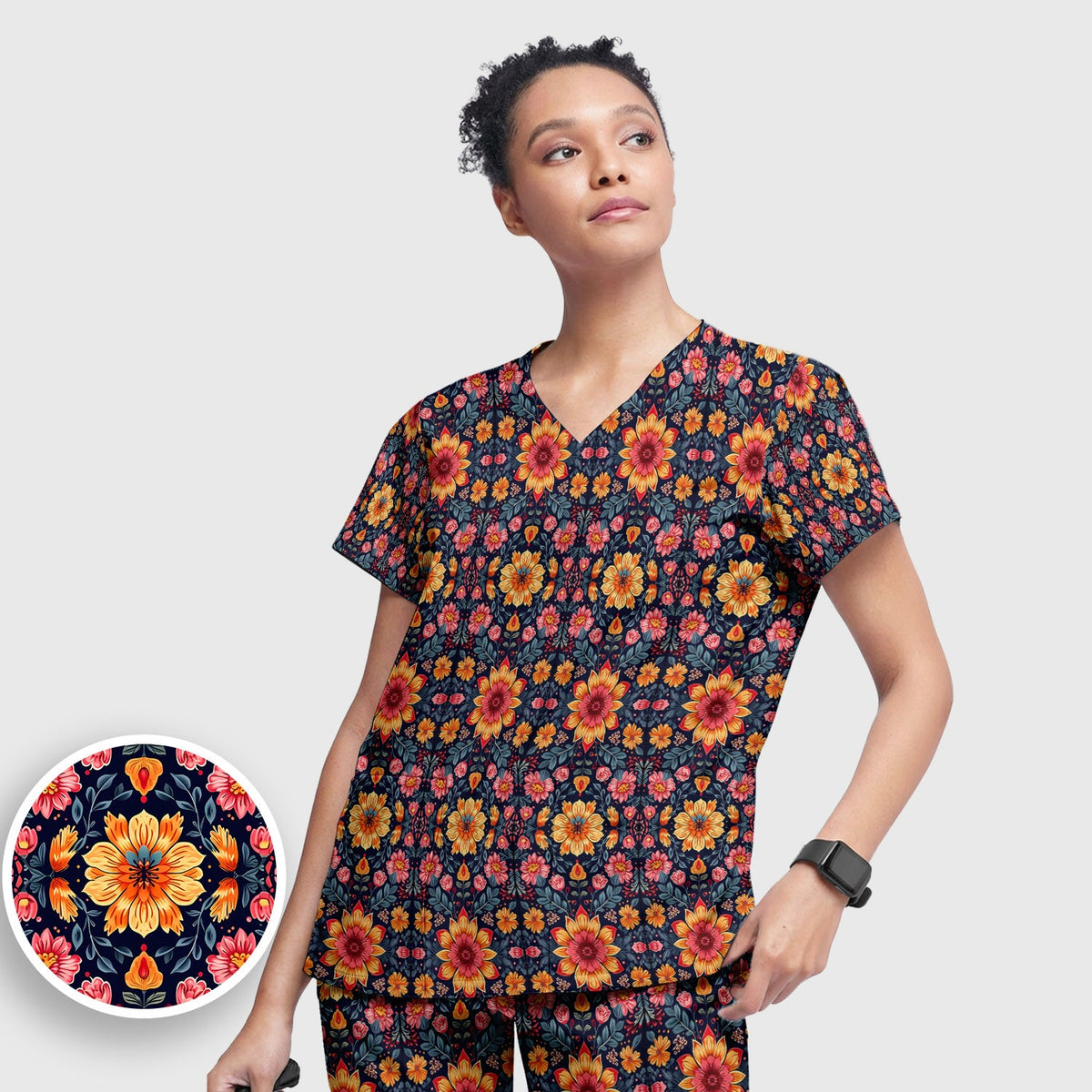 Elegant Dark Floral Nurse Scrub Set