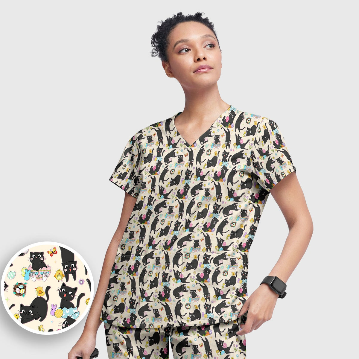 Black Cat Easter Egg Nurse Scrub Set
