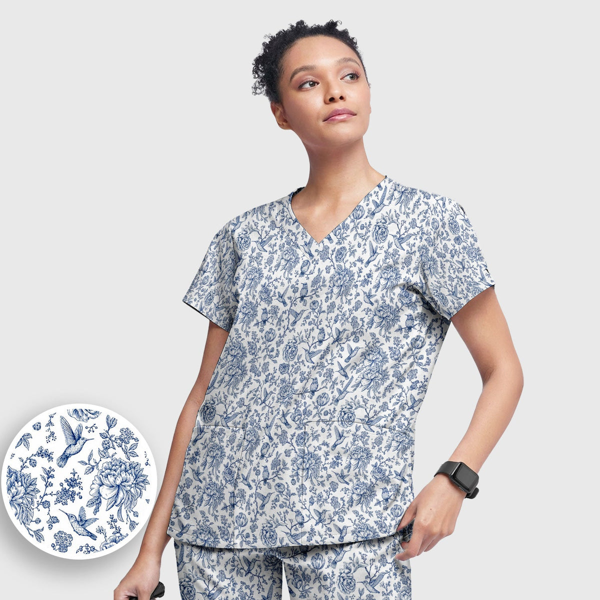 Blue Toile Hummingbird Floral Nurse Scrub Set