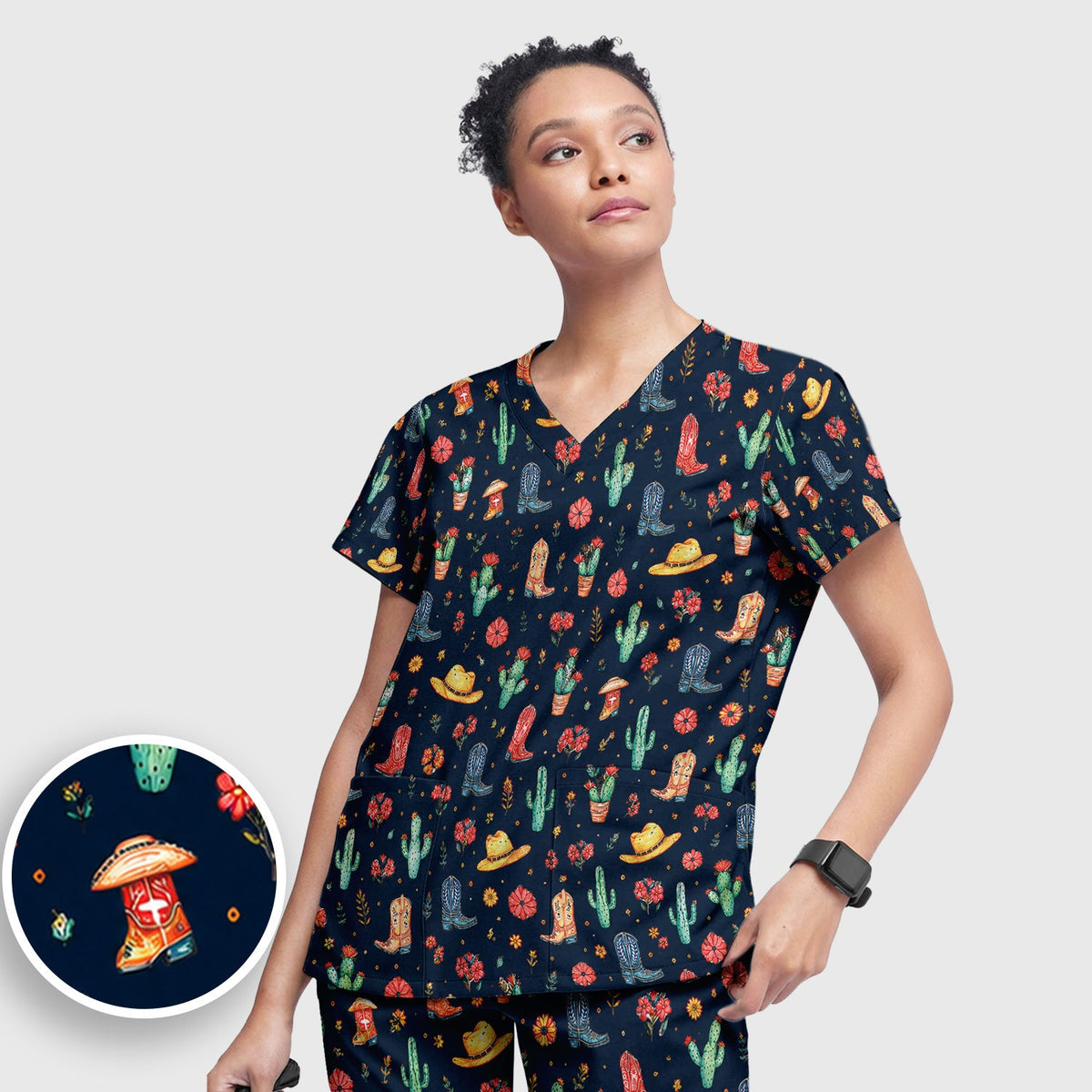 Whimsical Western Cactus Boots Nurse Scrub Set