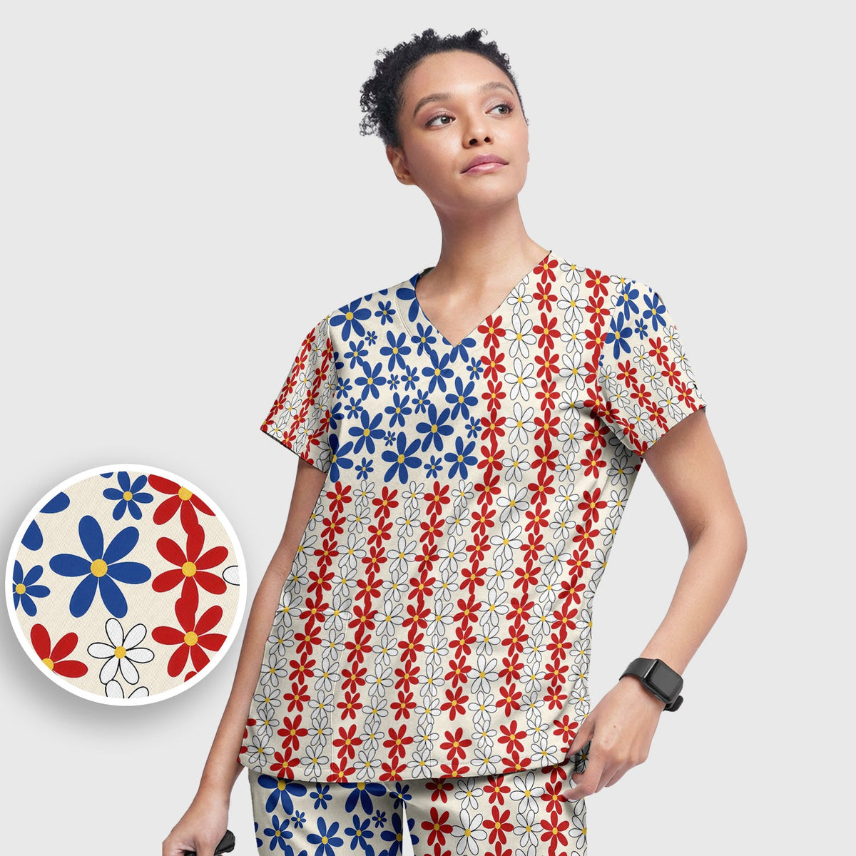Retro Red Blue Daisy Nurse Scrub Set