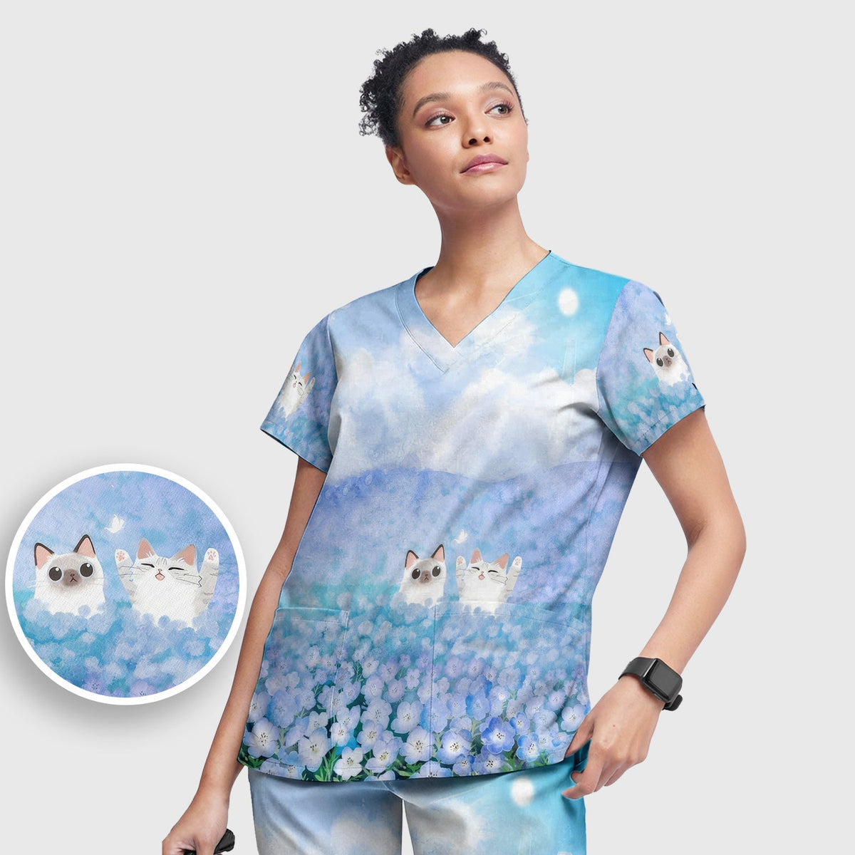 Dreamy Cat Cloud Hydrangea Nurse Scrub Set