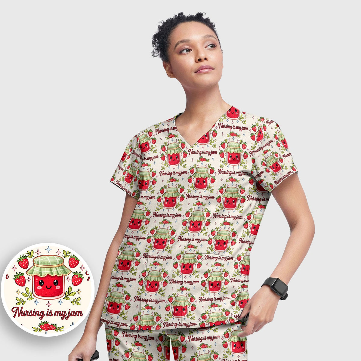 Cute Strawberry Jam Nurse Pattern Scrub Set, Breathable Med Uniform