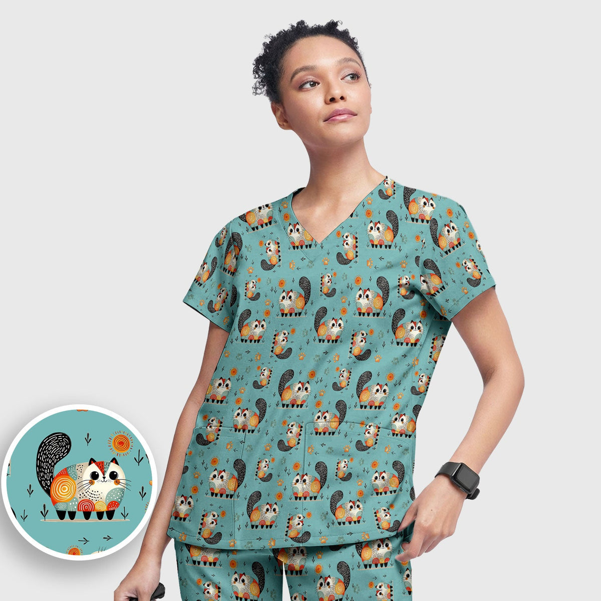 Cat Illustration Nurse Scrub Set