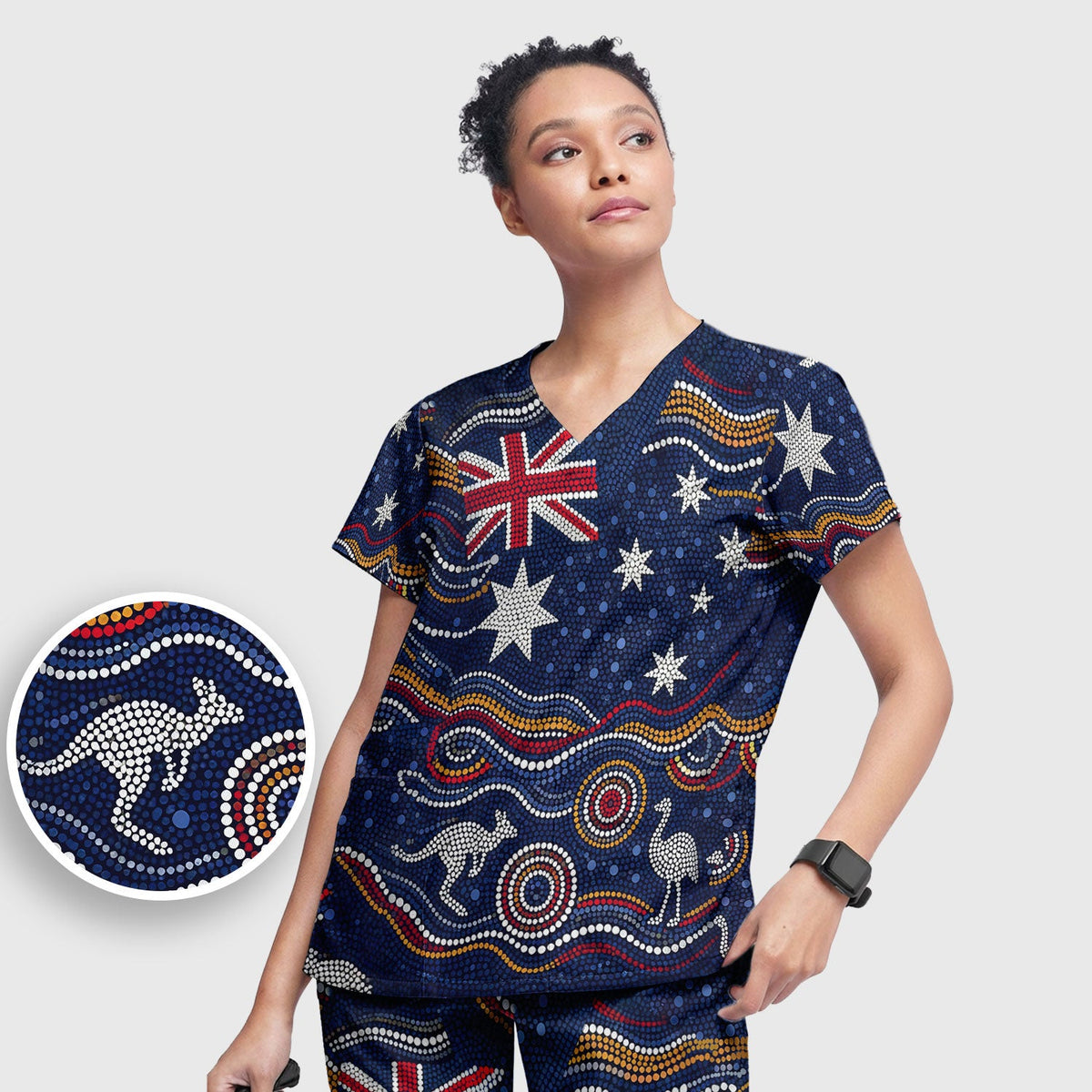 Australian Aboriginal Art Pattern Nurse Scrub Set, Kangaroo Dot Nurses Shirt For Women, Breathable Fabrics Nursing Uniform