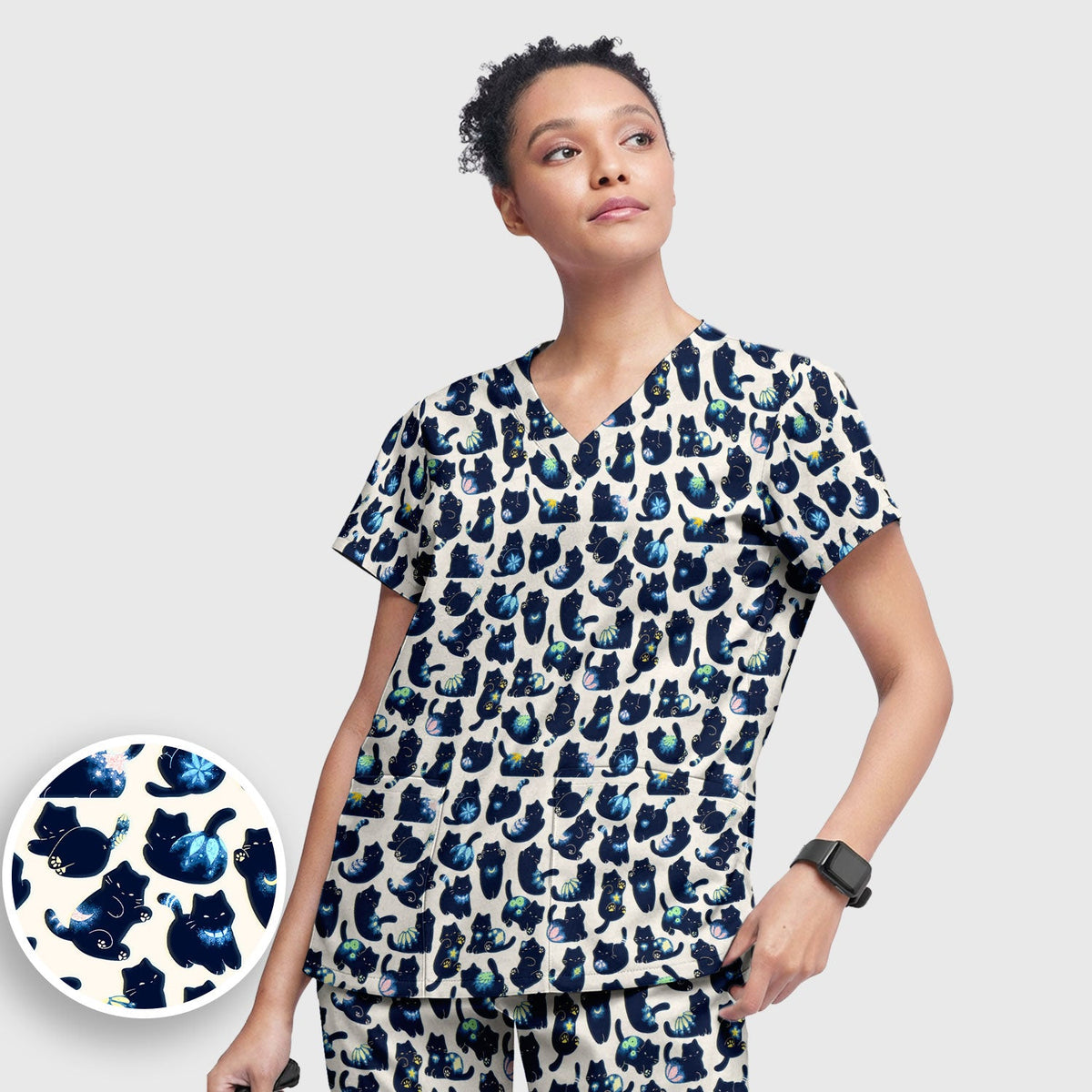 Midnight Black Cat Nurse Scrub Set