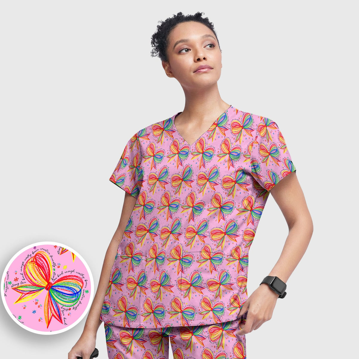 Colorful Rainbow Bow Nurse Scrub Set