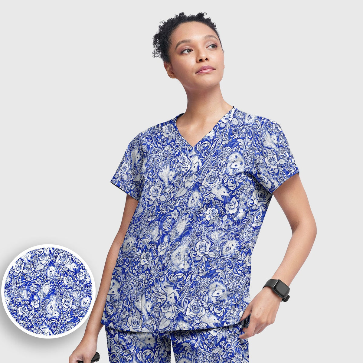 Blue Floral Opossum And Roses Nurse Scrub Set