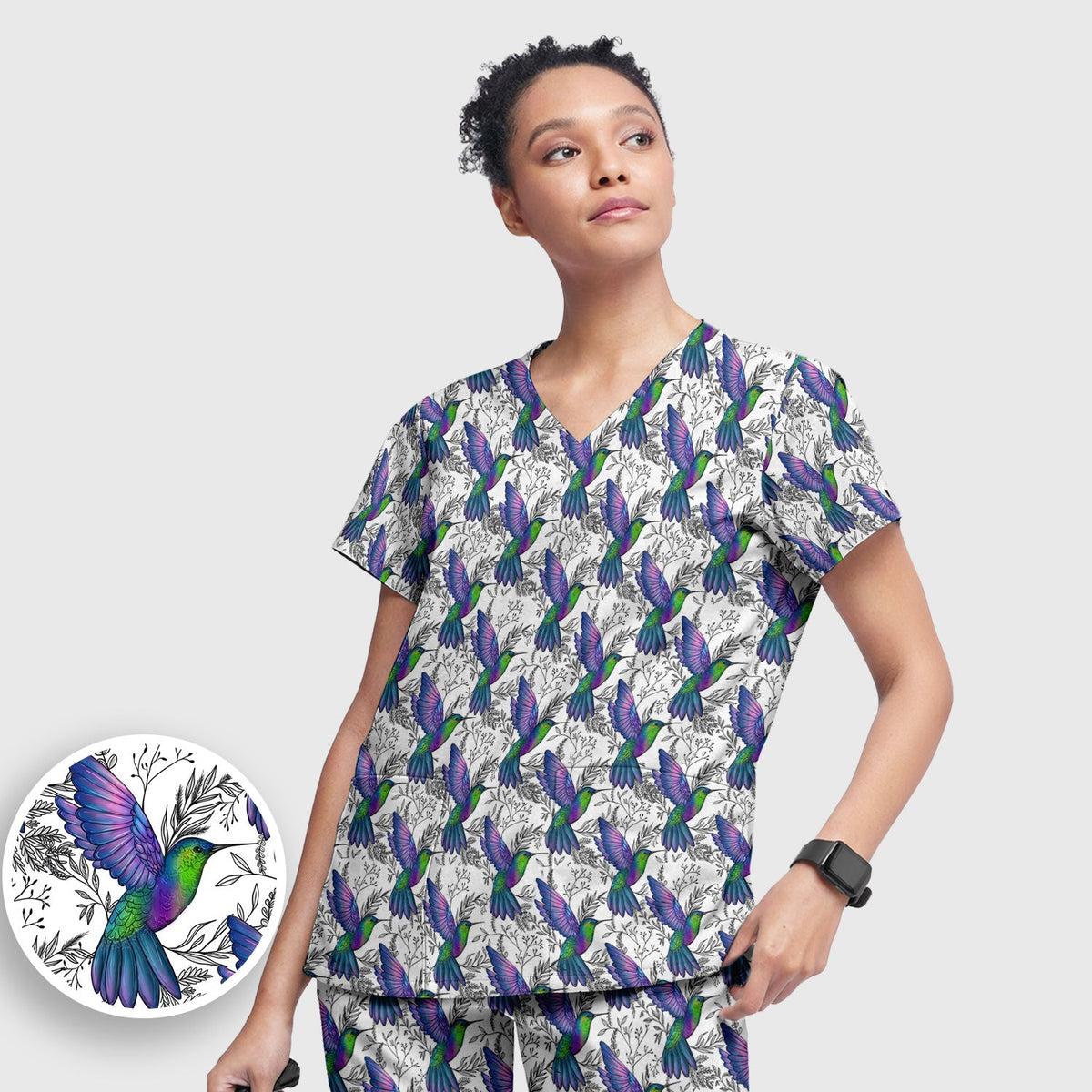 Colorful Hummingbird Botanical Nurse Scrub Set