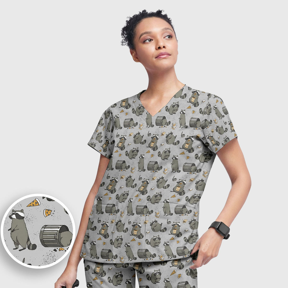 Raccoon Snack Trash Can Nurse Scrub Set