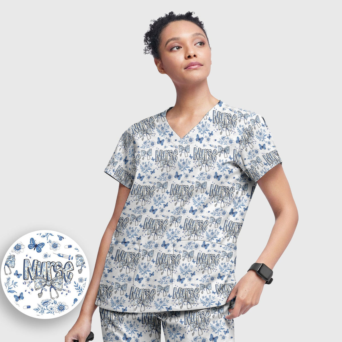Blue Nurse Bow Butterfly Floral Scrub Set