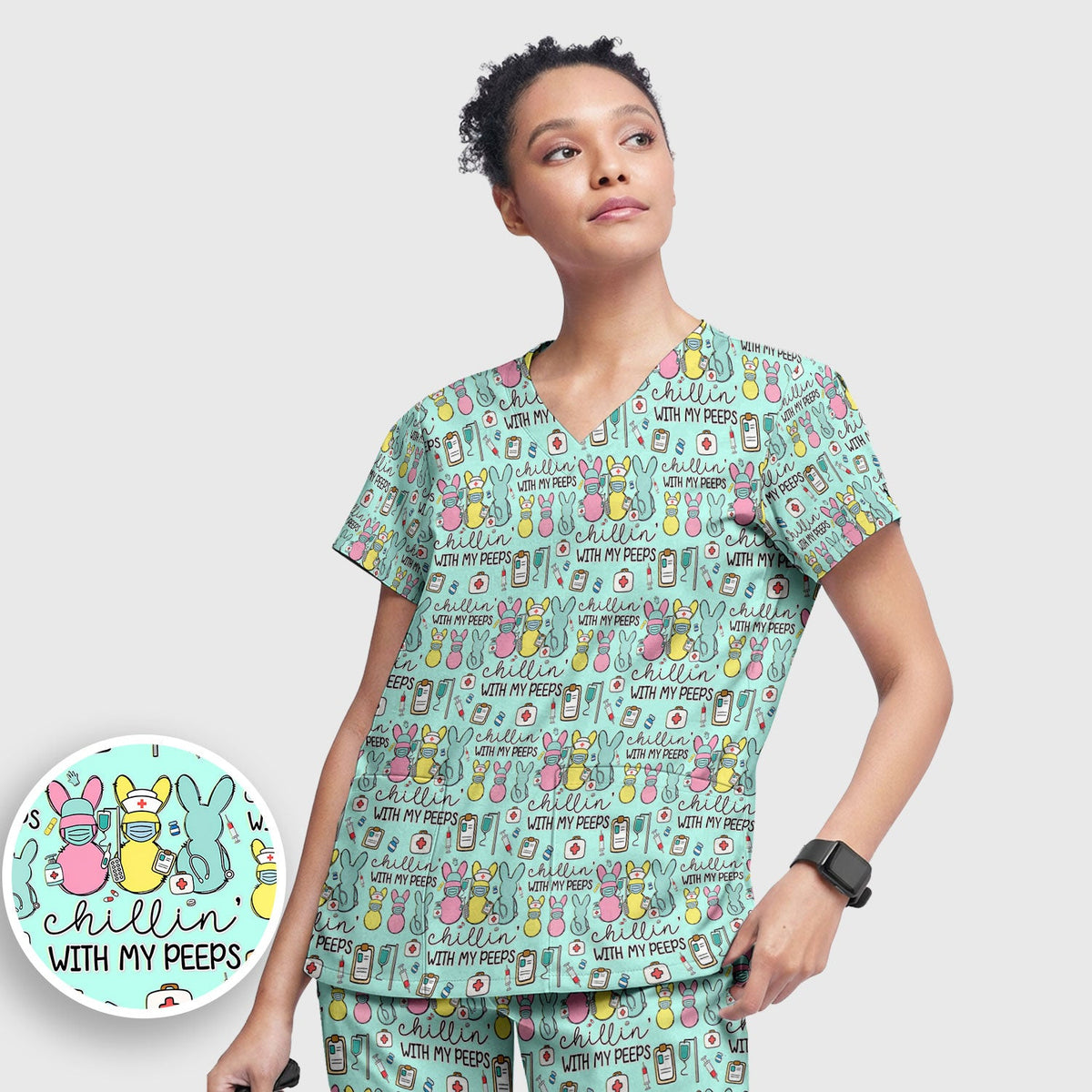 Bunny Nurse Chillin With My Peeps Scrub Set - Easter Gift