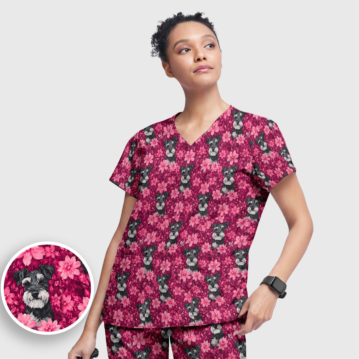 Pink Floral Schnauzer Nurse Scrub Set