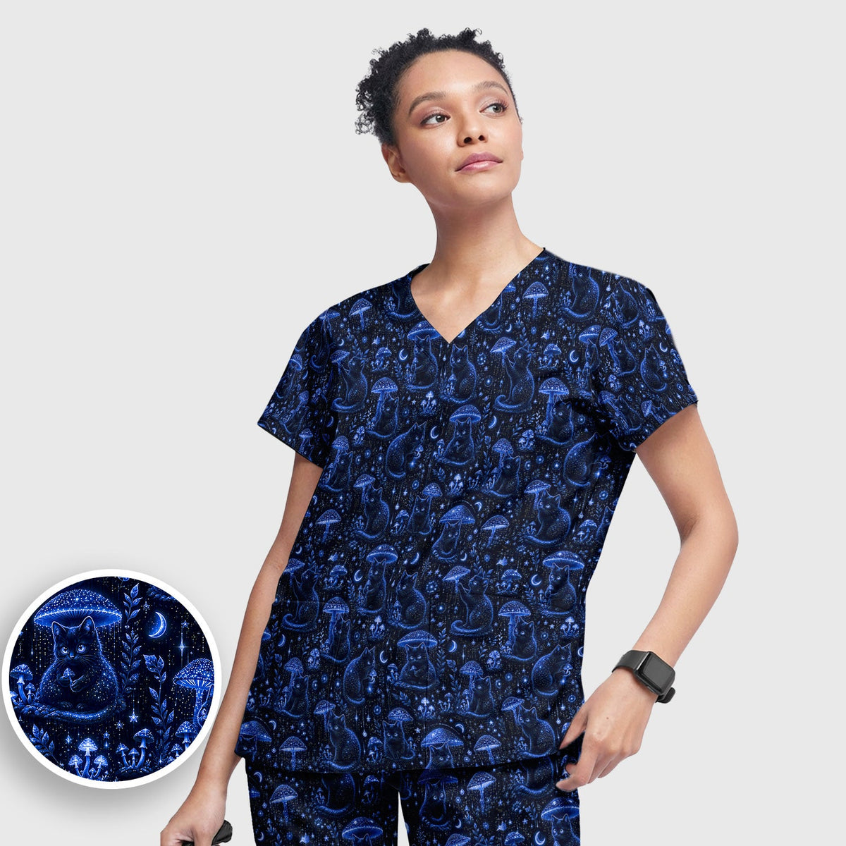 Celestial Black Cat Mushroom Nurse Scrub Set